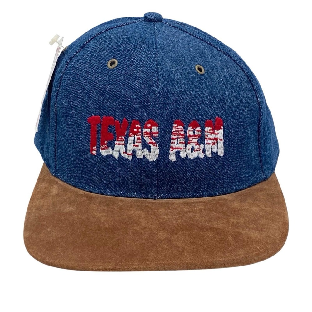 NWT Vintage Texas A&M Blue Denim Tan Suede‎ Snapback Hat Spell Out Logo
